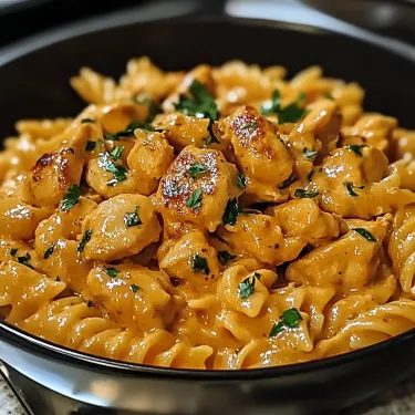 A bowl of pasta with chicken and herbs.