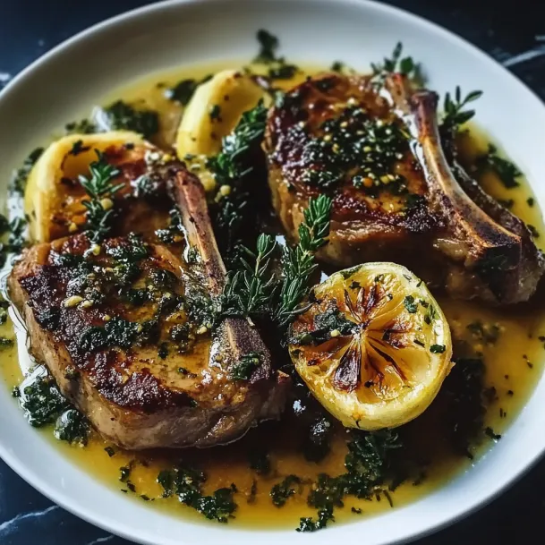 A plate of meat with lemon and herbs.