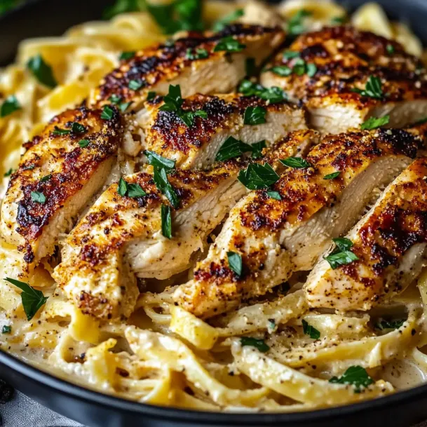 A plate of chicken and pasta.
