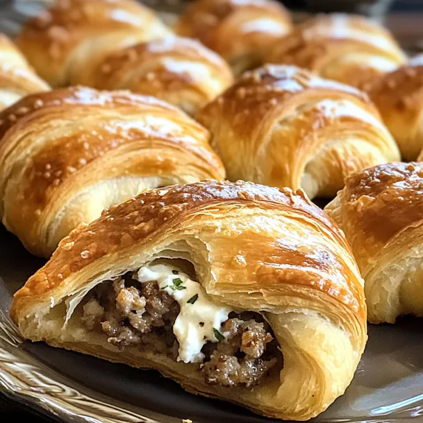 A plate of croissants with meat inside.