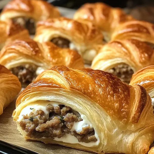 A tray of croissants with meat and cheese inside.