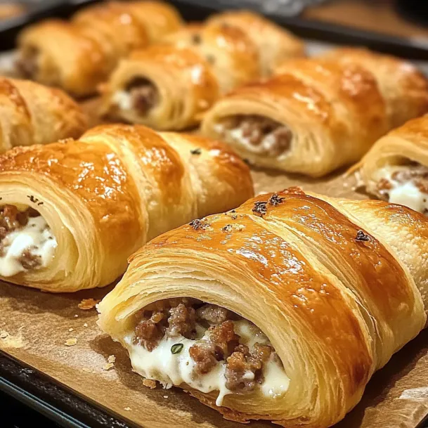 A tray of croissants with meat inside.