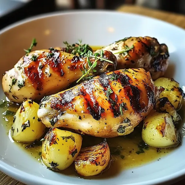 Chicken on a plate with potatoes.