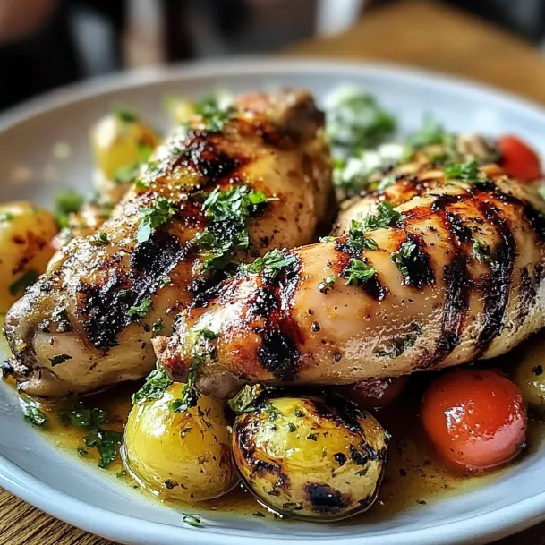 A plate of food with chicken and potatoes.