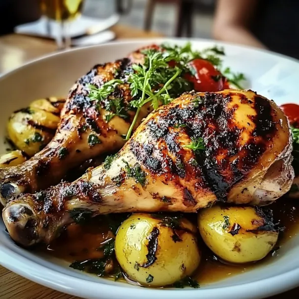 A plate of food with chicken and potatoes.