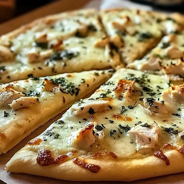 A pizza with chicken and cheese on a white plate.