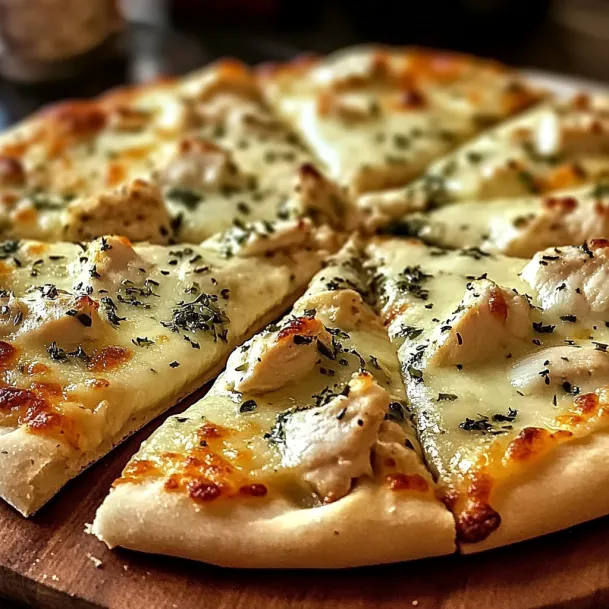 A pizza with chicken and cheese on a wooden table.