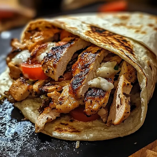 A burrito with chicken and tomatoes.