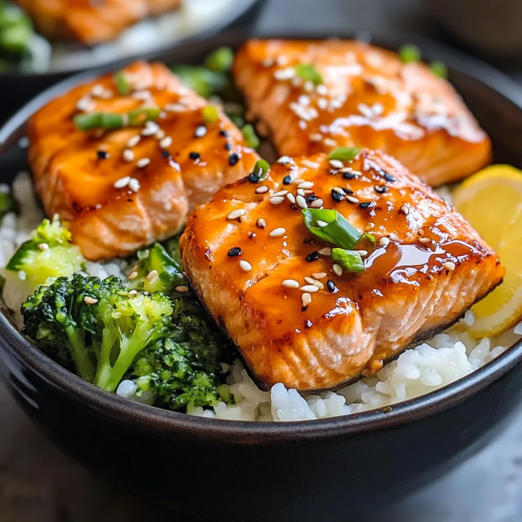 A bowl of food with salmon, rice, and broccoli.