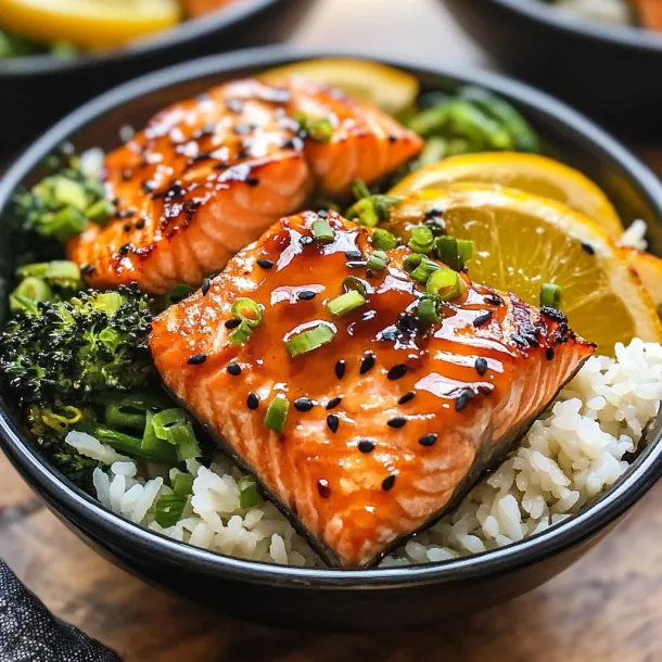 A bowl of food with salmon and rice.