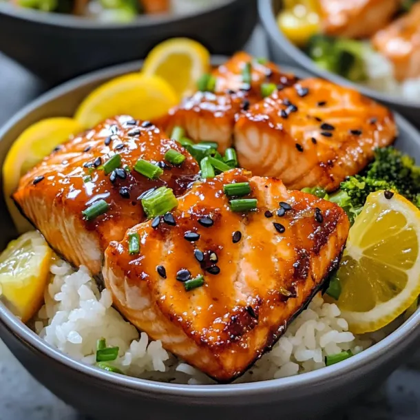 A bowl of food with salmon, rice, and broccoli.