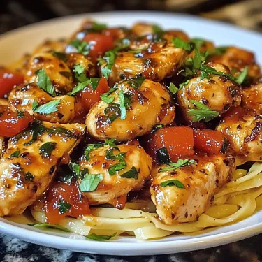 A plate of chicken with tomatoes and herbs.