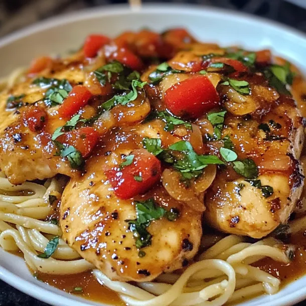 A bowl of pasta with chicken and tomatoes.