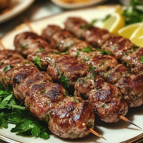 Skewers of meat on a plate.