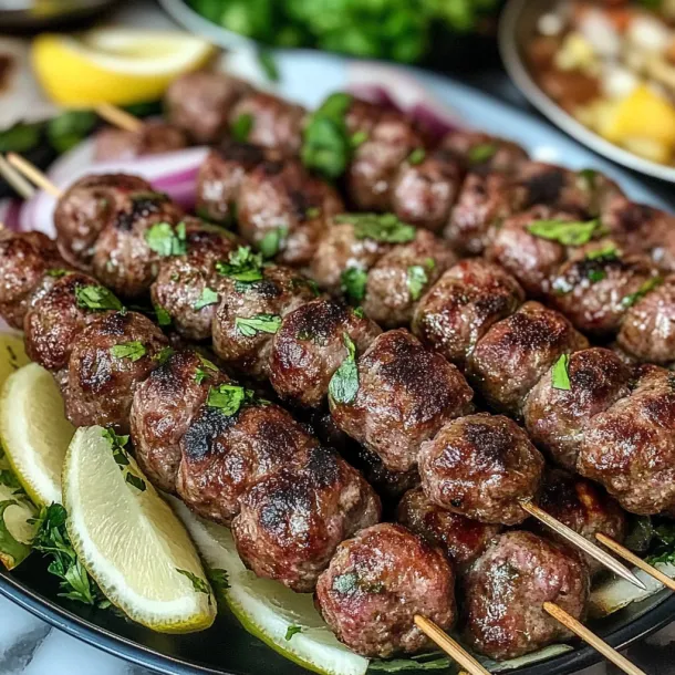 A plate of meat and lemon wedges.