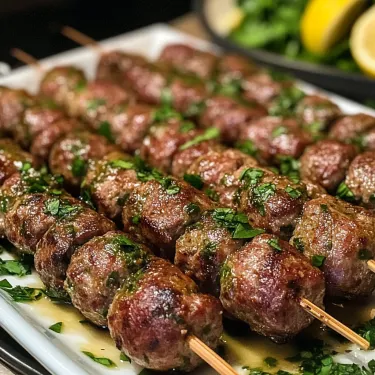 A plate of meat skewers with a lemon wedge.