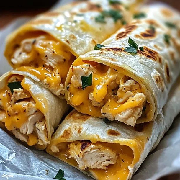 A burrito with chicken and cheese.