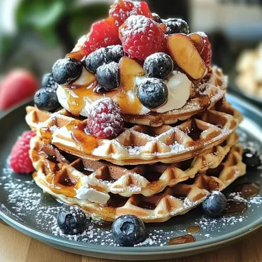 A stack of waffles with fruit on top.