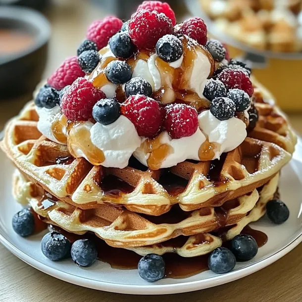 A stack of waffles with whipped cream and blueberries.