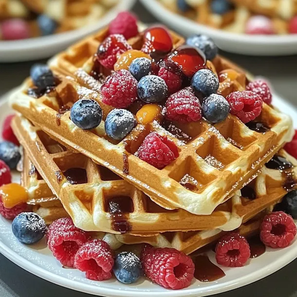A stack of waffles with fruit on top.