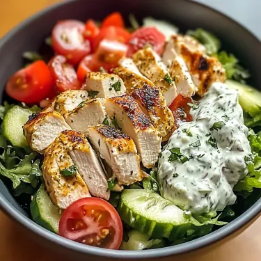 A bowl of chicken salad with tomatoes and cucumbers.