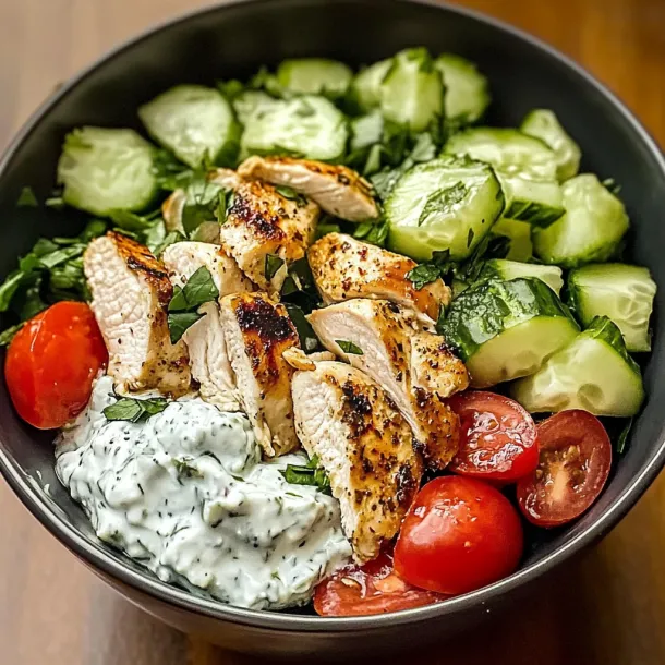 A bowl of food with chicken, tomatoes, cucumbers, and a dip.