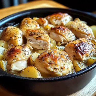 A pan of chicken with potatoes and onions.