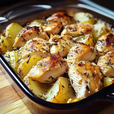 A pan of chicken and potatoes.