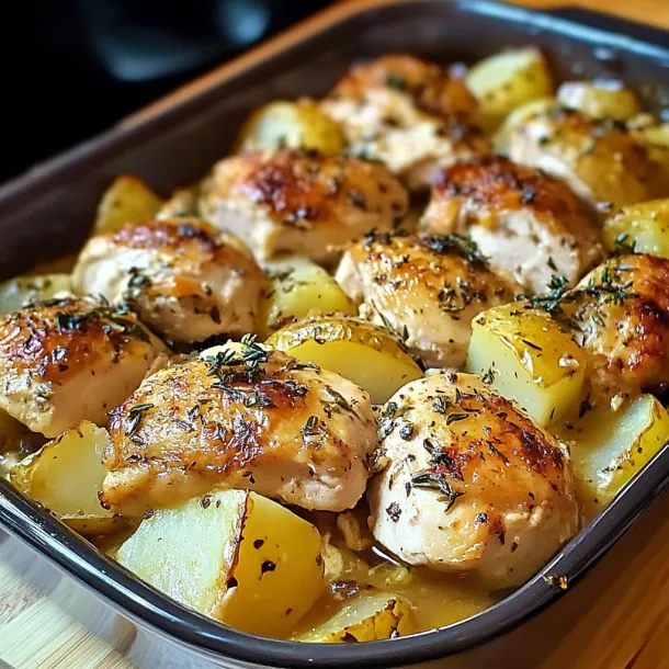 A pan of chicken and potatoes.
