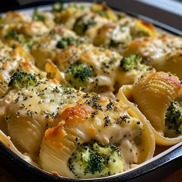 A dish of pasta with broccoli and cheese.