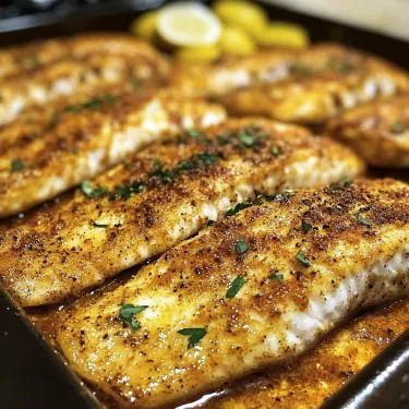 A pan of fish with lemon and herbs.
