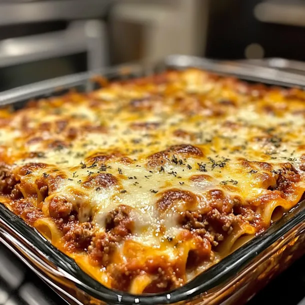A pan of lasagna with cheese and meat.