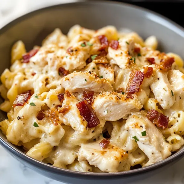 A bowl of chicken and bacon macaroni.