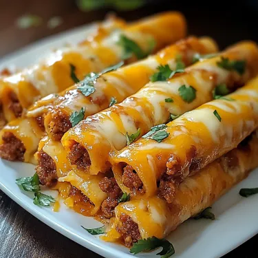A white plate holds golden-baked taco sticks with gooey cheese inside.
