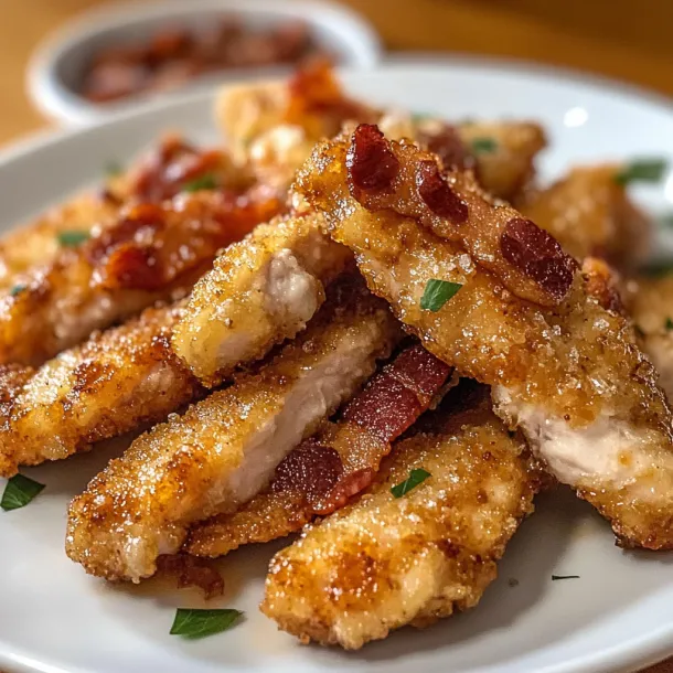 A plate topped with crispy bacon-covered chicken and melted cheese.