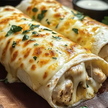 A burrito bursting with chicken and cheese.