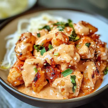 Bowl loaded with golden chicken and creamy pink sauce.