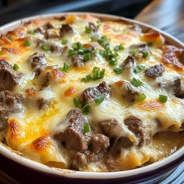 Bowl filled with cheesy beef and peppers.