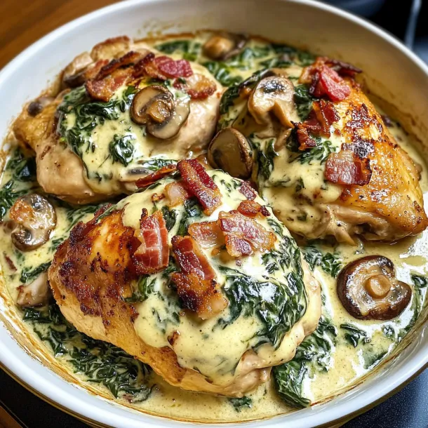 Bowl full of chicken, mushrooms, and bacon toppings.