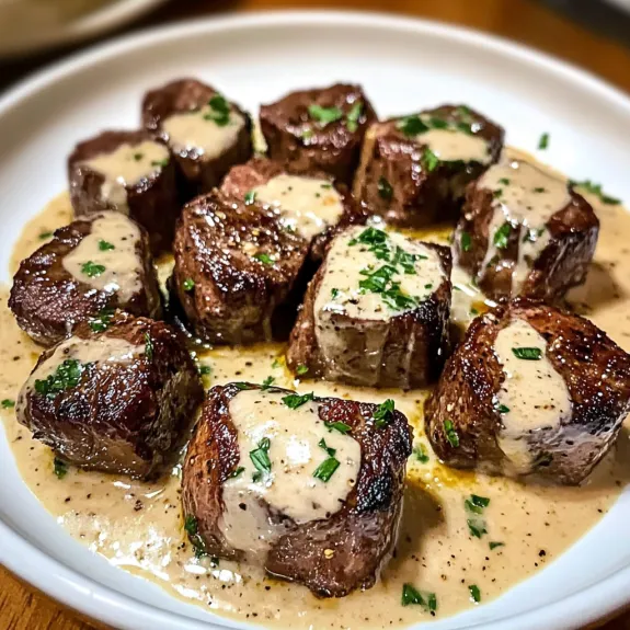 A plate piled high with saucy steak bites.