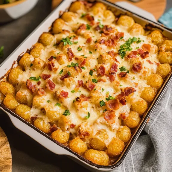 Bacon and cheese smothered over pasta, right out of the oven.