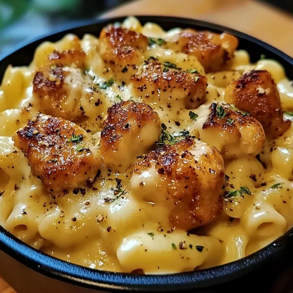 Mac and cheese with chicken served in a bowl.