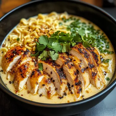 Hearty bowl filled with noodles and chicken pieces.