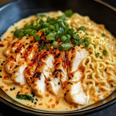 Bowl with saucy noodles and chunks of chicken.