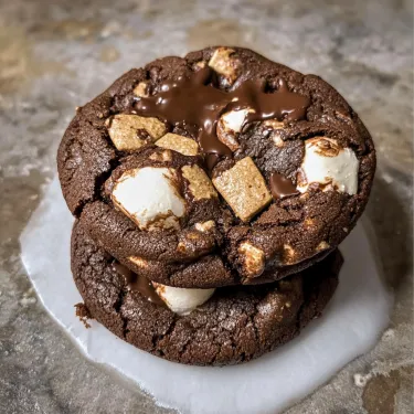 A chocolate chip cookie with marshmallows and chocolate drizzle.