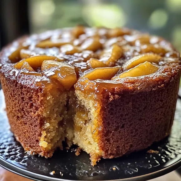 A slice of cake with apples on top.