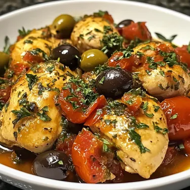 Bowl filled with chicken, olives, and roasted tomatoes.