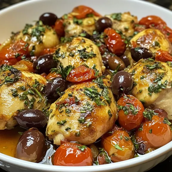 A hearty bowl of chicken, bright tomatoes, and olives.