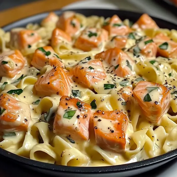 A skillet filled with noodles and chunks of salmon.