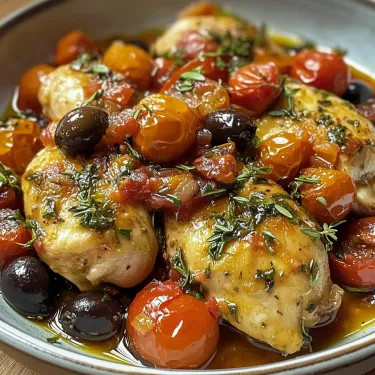 Chicken on a plate with olives and tomatoes, looking juicy.